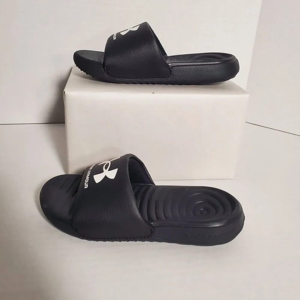 Under Armour Kids Slides Sandals Size 11K Black White Logo Comfort‎ Slip On